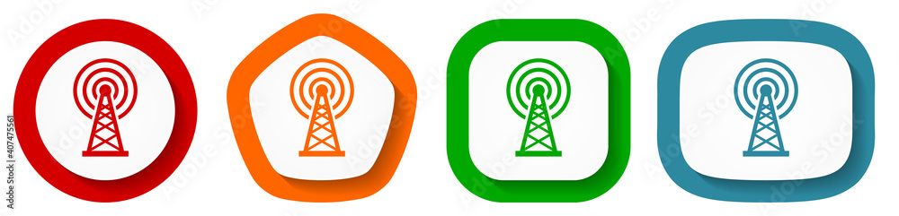 Poster antenna, wireles communication vector icon set, flat design buttons on white background