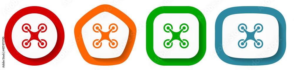 Poster drone, copter vector icon set, flat design buttons on white background