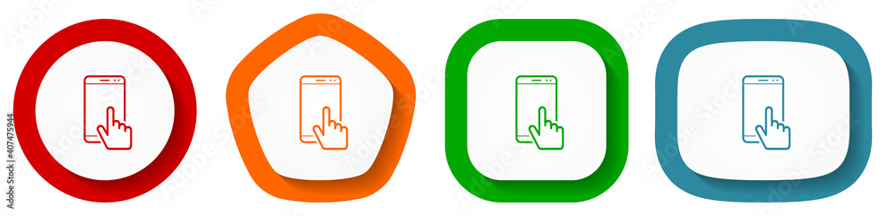 Poster smartphone, mobile phone with hand vector icon set, flat design buttons on white background