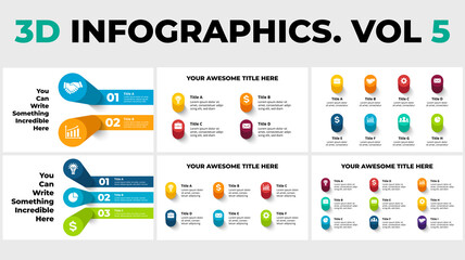 3D Vector Perspective Infographics Pack Vol 5. Presentation slide template. Circle columns with shadows.