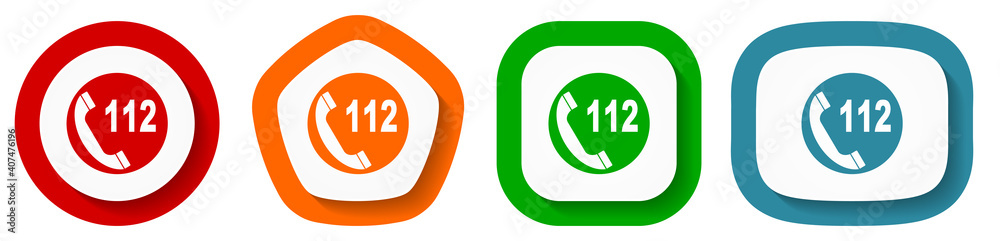Fototapete emergency call number 112 vector icon set, flat design buttons on white background