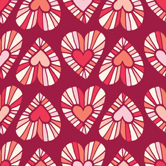 Valetnine's Day Holiday Hand-Drawn Doodle Colorful Hearts on Red Background Vector Seamless Pattern. Retro Bright Whimsical Feminine Print for Fashion, Packaging, Wrapping