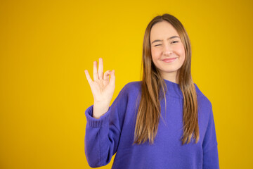 Portrait of a happy young beautiful girl showing okay gesture and winking isolated over yellow...