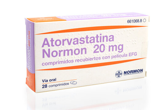 Huelva, Spain - January 21, 2021: Spanish Box of Atorvastatin brand NORMON. It is a statin medication used to prevent cardiovascular disease in those at high risk and treat abnormal lipid levels.