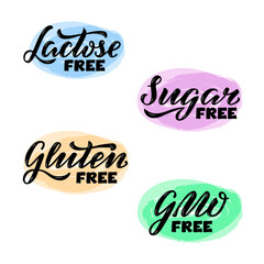 Vector illustration of lactose, sugar, GMO, gluten free lettering for banner, sticker, signage, package, product design, healthy food guide, restaurant menu. Handwritten decorative text for web or pri