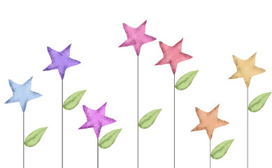 Stars on sticks with leaves looking like flowers in many colors illustration
