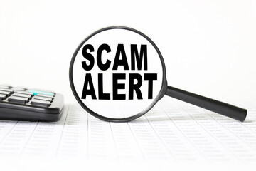 words SCAM ALERT in a magnifying glass on a white background. business concept