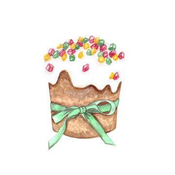 Watercolor illustration of an Easter cake on a white background