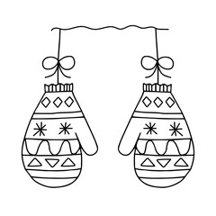 Illustration of a pair of black knitted mittens isolated on a white background looks like a christmas balls for decoration