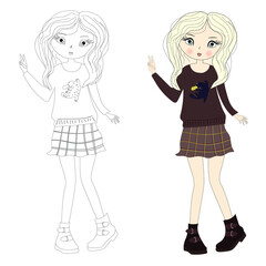 Cute  blond girl in a skirt in a cage and a sweater. Vector illustration, linear drawing for coloring.
