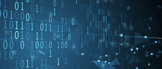 Bytes of binary code run through network. Abstract futuristic technology syberspace