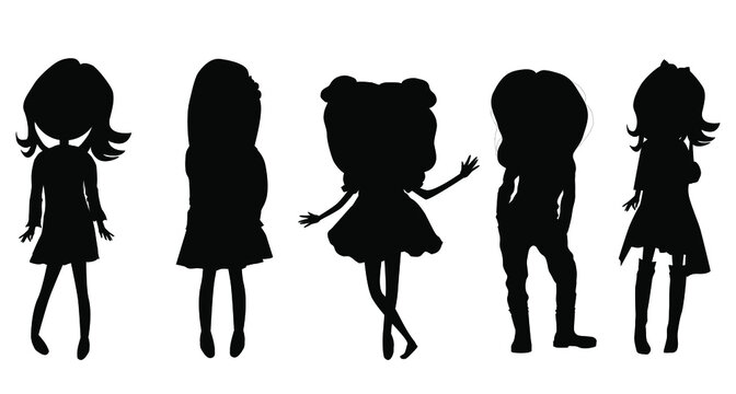 Cute girls in different clothes. Fashionable vector illustration. Black silhouettes.