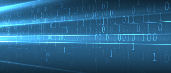 Bytes of binary code run through network. Abstract futuristic technology syberspace