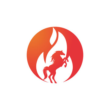 Burning horse in fire flame logo vector design template. Speed, freedom and strength symbol. 