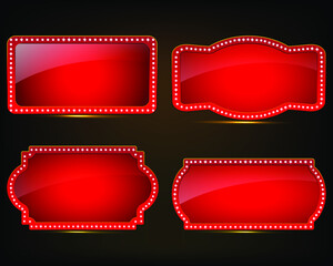 Brightly theater glowing retro cinema neon signs. Realistic billboard on dark background wall, led lights frame. Vintage signboard, cinema , billboard with lightbulp vector illustration.