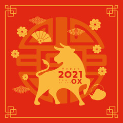 chinese new year poster with golden ox and flowers