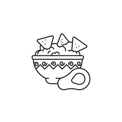 Bowl of Guacamole with tortilla chips and halved avocado vector line icon