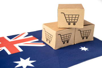 Box with shopping cart logo and Australia flag, Import Export Shopping online or eCommerce finance delivery service store product shipping, trade, supplier concept.