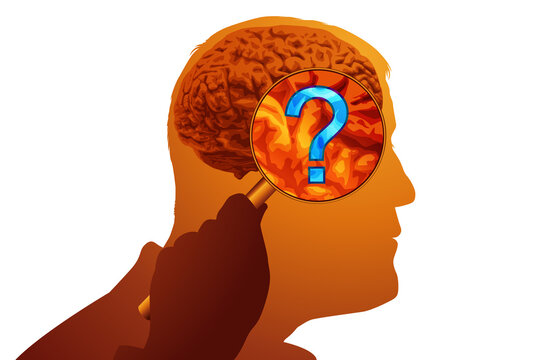 Concept de l’étude des maladies mentales, avec un homme, dont on voit apparaître le cerveau, qui est symboliquement examiné à la loupe par un scientifique.