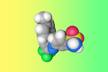 Molecular model of celecoxib. Atoms are represented as spheres with color coding: carbon (grey), oxygen (red), nitrogen (blue), hydrogen (white), sulfur (yellow), fluorine (green). 3d illustration