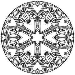 drawn mandala with hearts and ornaments in folk style on a white background for coloring, vector, mandala