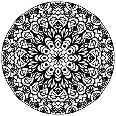 mandala drawn with ornaments and linear figures in folk style on a white background for coloring, vector, mandala