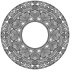 abstract hearts and ornaments forming a wreath drawn on a white background for coloring, vector, mandala