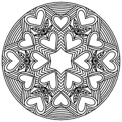 drawn mandala with hearts and abstract linear ornaments on a white background, vector