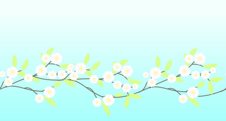 Branch with flowers, blue sky. Seamless banner. Vector illustration.