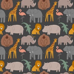 Süße wilde afrikanische Safaritiere - Vektorillustration. Nahtloses Muster mit Elefant, Nilpferd, Giraffe, Krokodil, Löwe, Flamingo, Affe. Cartoon-Doodle-Figuren im skandinavischen Stil © NadezdaBarkova