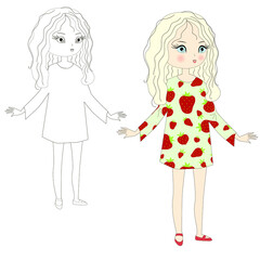 Girl, blonde in a green dress with strawberries. Vector illustration for coloring book.
