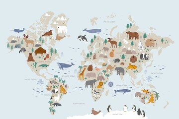 Carte du monde des animaux pour les enfants. Affiche avec des animaux vectoriels mignons dans un style plat. Personnages de dessins animés de griffonnage dans un style scandinave pour les enfants