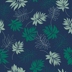 Botanical seamless tropical pattern with colorful plants and leaves on a blue background. Colorful stylish flat design. Exotic tropics. Summer. Hawaiian style. Vector.