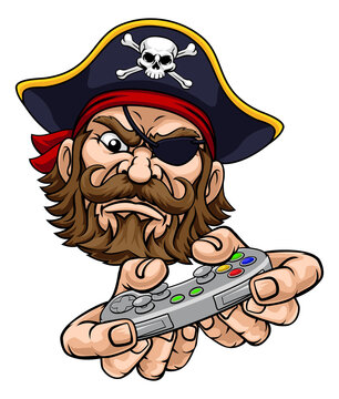A pirate gamer mascot holding video game controller playing games cartoon character
