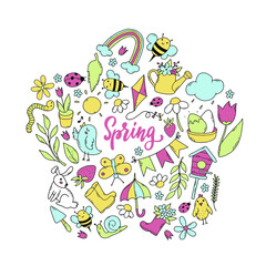 set of hand drawn spring doodles isolated on white background for stickers, prints, cards, posters, icons, cliparts, signs, logos, etc. EPS 10