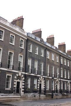 Neat Row Of Terraced Town Houses In The Bloomsbury Area Of London In England, UK