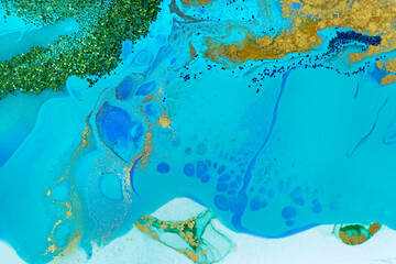 Fototapeta na wymiar Marbled blue, green and gold abstract background. Liquid marble pattern.