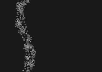 Silver snowflakes frame on black background. Horizontal shiny Christmas and New Year frame for gift certificate, ads, banners, flyers. Falling snow with glitter silver snowflakes for party invite