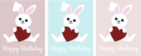 A set of greeting cards (or posters and banner) with the text: Happy Birthday. White rabbit with a red heart. The background is beige and blue. Artistic vector illustration.