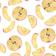 Delicious seamless pattern of sliced apple on white background. Watercolor hand drawing illustration for digital paper or print on textile, fabric, cover.