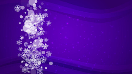 Winter frame with ultra violet snowflakes. New Year backdrop. Snow border for flyer, gift card, invitation, business offer and ad. Christmas trendy background. Holiday snowy banner with winter frame