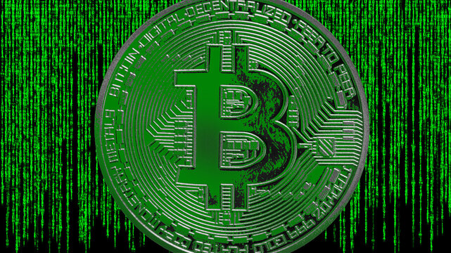 green matrix background with a transparent green large bitcoin in the middle