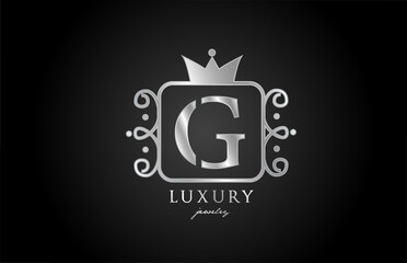 G monogram silver metal alphabet letter logo icon. Creative design with king crown for luxury company and business
