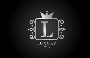 L monogram silver metal alphabet letter logo icon. Creative design with king crown for luxury company and business