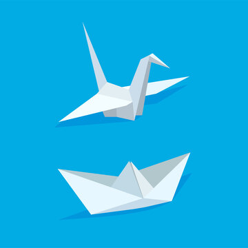 White paper crane and boat with shadow in trendy flat style. Origami icon isolated on blue background. Vector illustration.	
