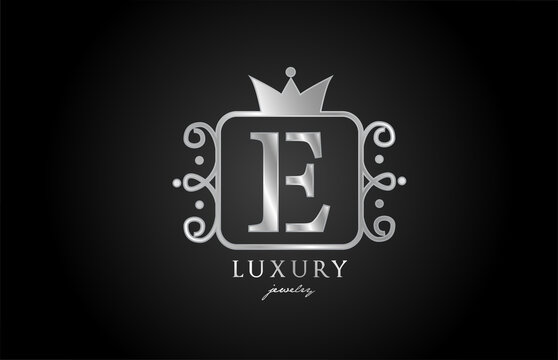E monogram silver metal alphabet letter logo icon. Creative design with king crown for luxury company and business