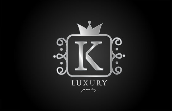 K monogram silver metal alphabet letter logo icon. Creative design with king crown for luxury company and business