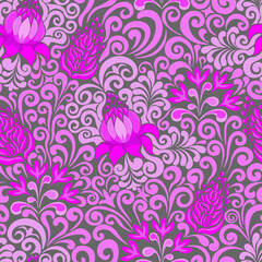 Seamless floral pattern, vector. Purple and pink flowers on grey background.