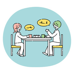 ダイニングテーブルで会話する夫婦