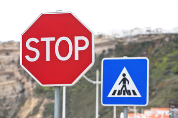 Stop Sign In Front Of Crosswalk, Traffic Safety For Pedestrians, Traffic Sign Pedestrian Crossing
